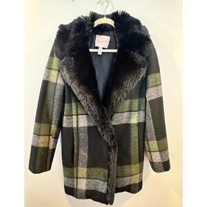 Anthropologie Hutch Plaid Ada Coat Jacket Fur Fashion Collar Med Green Black